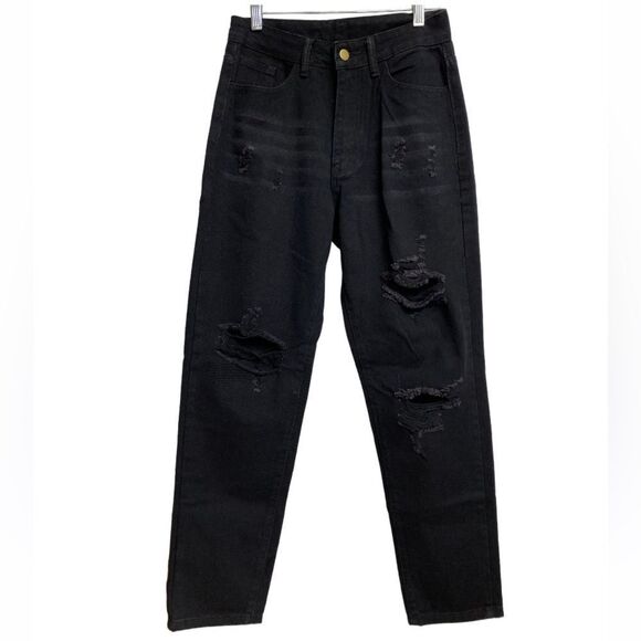 SHEIN Women's High Waist Mom Jeans Size S Black Distressed Ripped Grunge Goth - Picture 1 of 16
